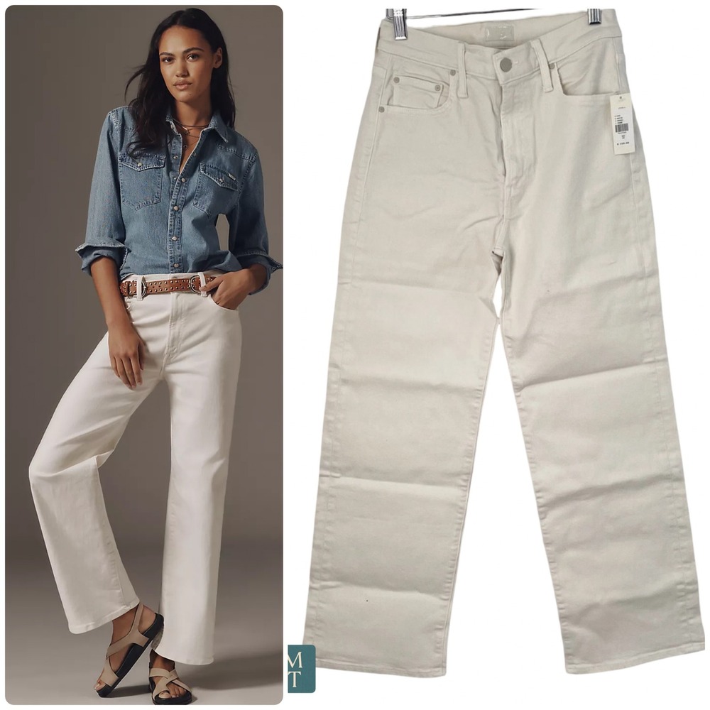 NEW MOTHER The Rambler High Rise Ankle Fray Jeans Creme White Wide Straight Leg